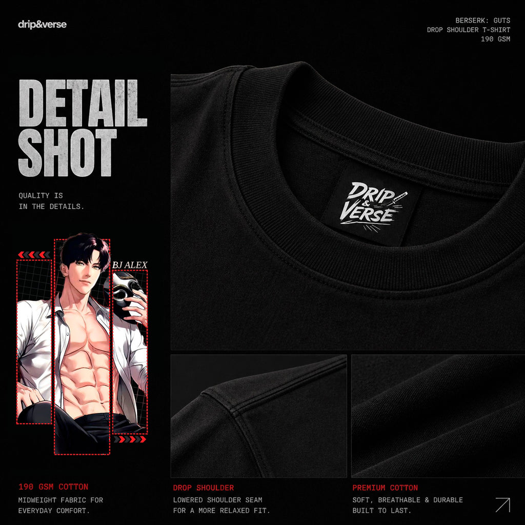 Drip&Verse black oversized 100% cotton t-shirt with a graphic print of BJ Alex from Manhwa Series. Features drop shoulder and crew neck.