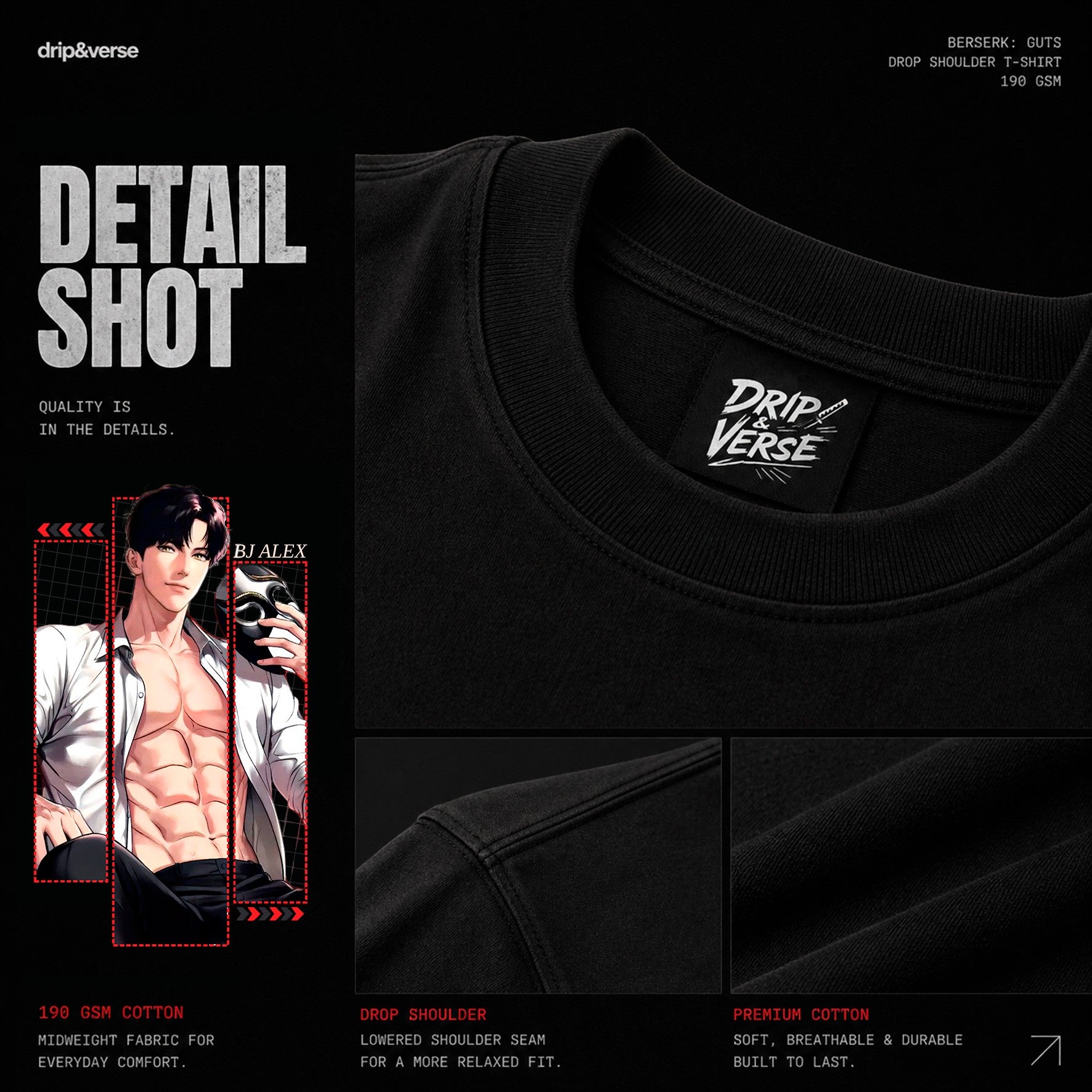 Drip&Verse black oversized 100% cotton t-shirt with a graphic print of BJ Alex from Manhwa Series. Features drop shoulder and crew neck.