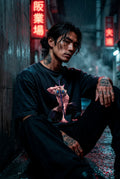 Drip&Verse black 100% cotton oversized t-shirt with drop shoulders, featuring an anime-inspired graphic of a boar-masked warrior. Model is 5'11" wearing size M.