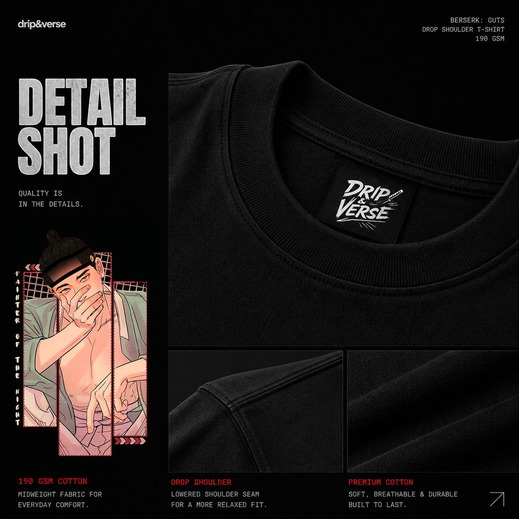 Drip&Verse black oversized 100% cotton t-shirt with a graphic print of a man covering his mouth, crew neck, and drop shoulder design.