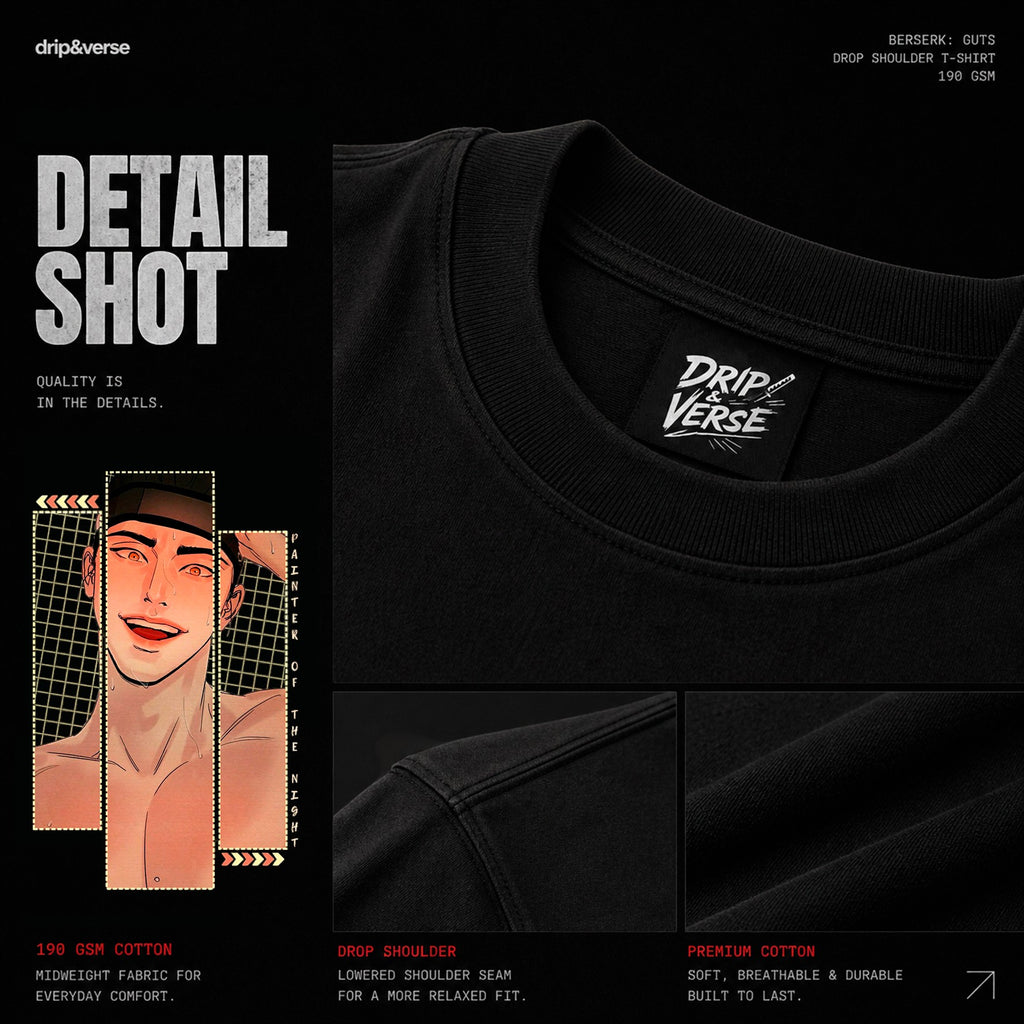Drip&Verse black oversized cotton t-shirt with a graphic print of a smiling man's face on the front. Features drop shoulder and crew neck.