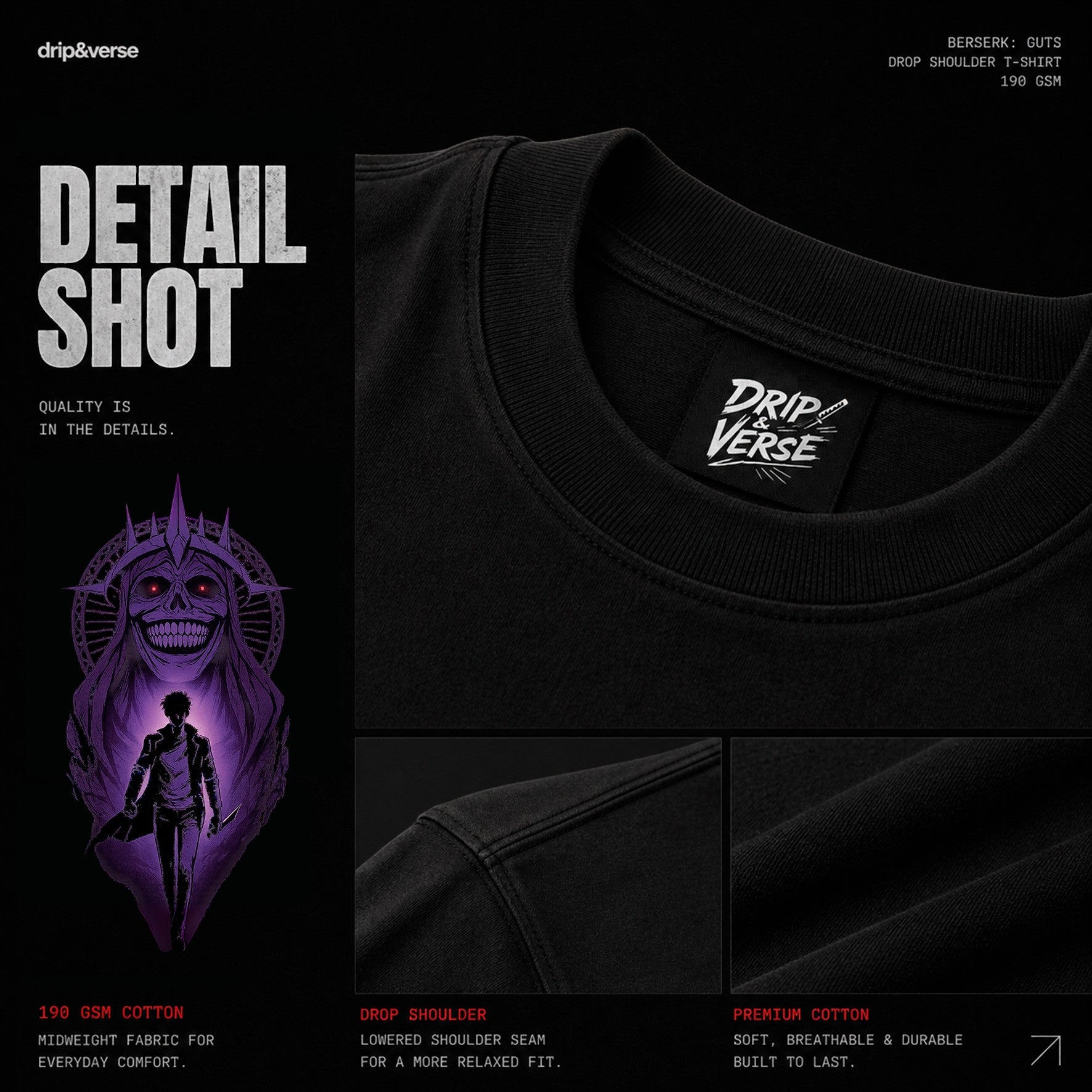 Drip&Verse black oversized 100% cotton t-shirt with a graphic print of a character and a skull-like figure. Crew neck, drop shoulder.