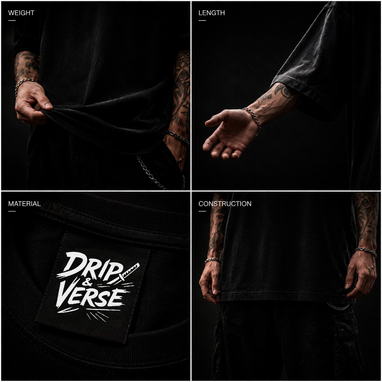 Drip&Verse black washed cotton oversized drop shoulder tee with crew neck and chest emblem print.