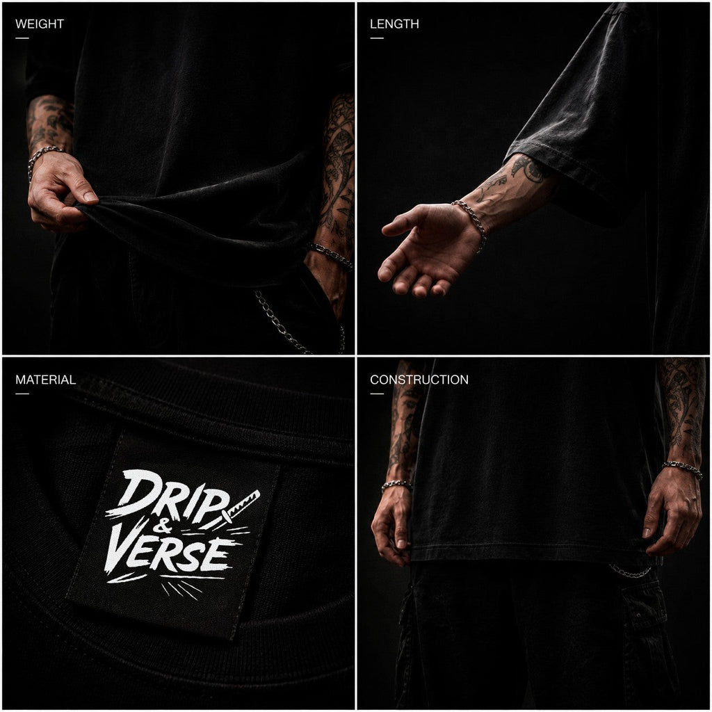 Drip&Verse black oversized cotton t-shirt with drop shoulder and full-color back print. Model wearing size M.