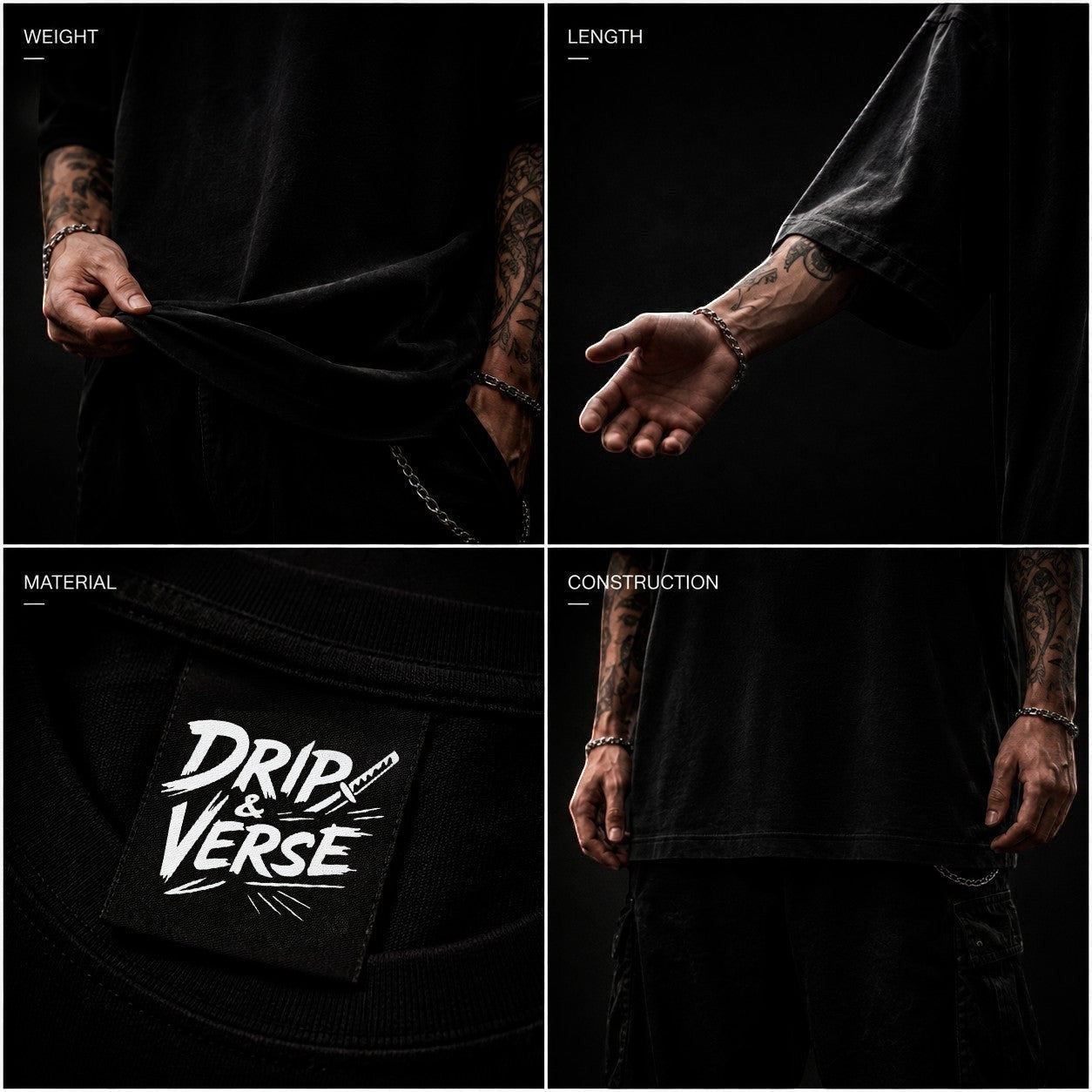 Drip&Verse black washed cotton oversized drop shoulder tee with crew neck and graphic print.