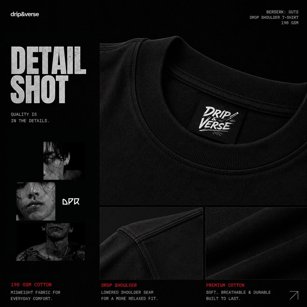 Drip&Verse black oversized 100% cotton K-Pop style fragment tee with drop shoulder and crew neck.