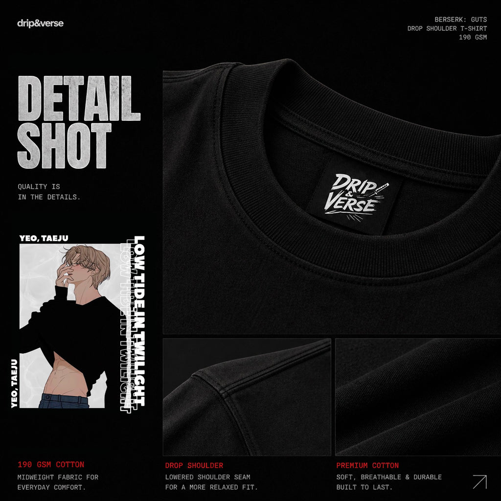 Drip&Verse black oversized 100% cotton t-shirt with a graphic print of a male anime character and vertical text. Crew neck, drop shoulder.