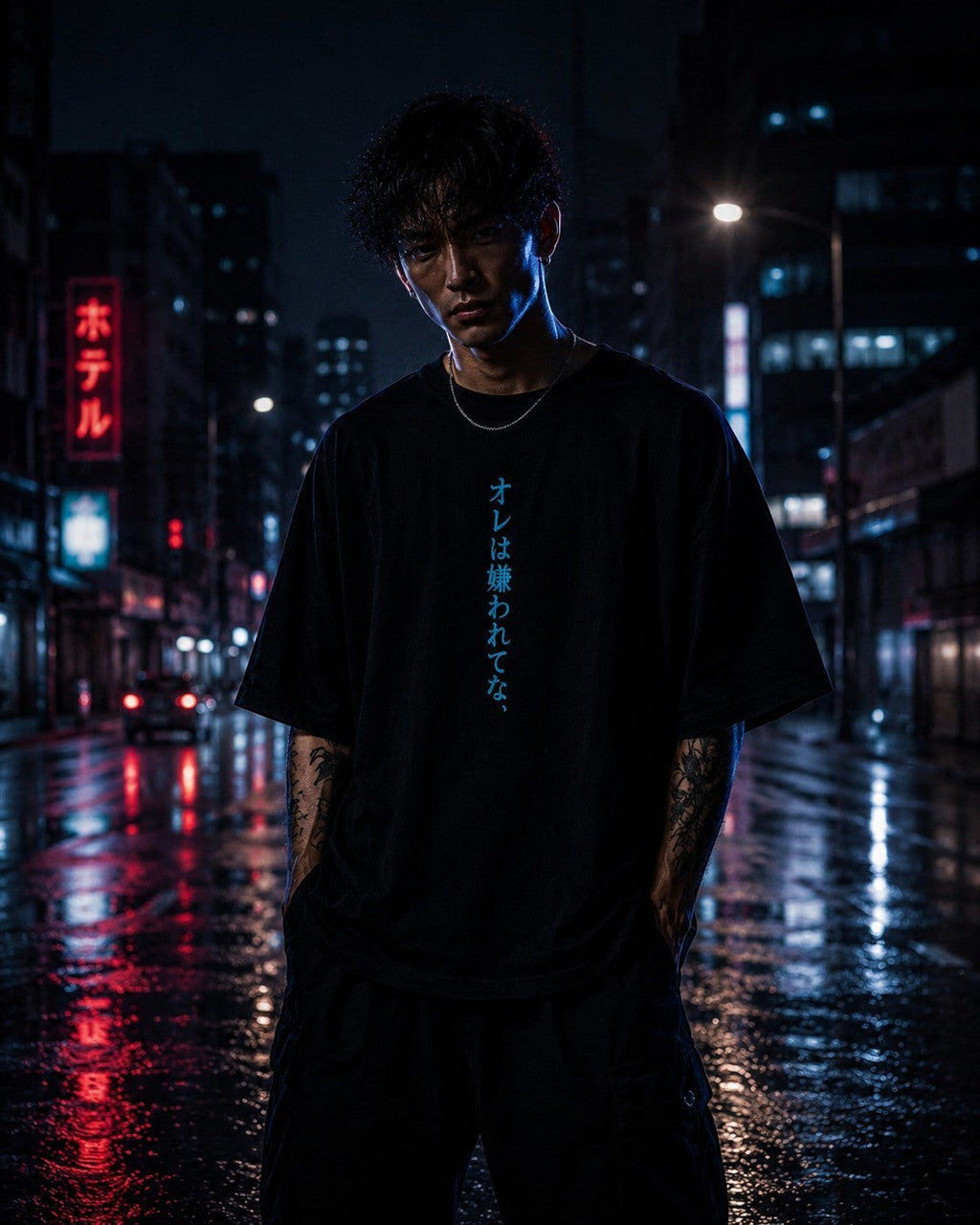 Drip&Verse black oversized cotton t-shirt with Japanese text on the chest, worn by a man standing on a wet city street at night.