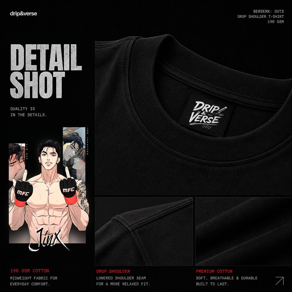 Drip&Verse black oversized 100% cotton t-shirt with MMA fighter graphic and Jinx text. Loose fit, drop shoulder.