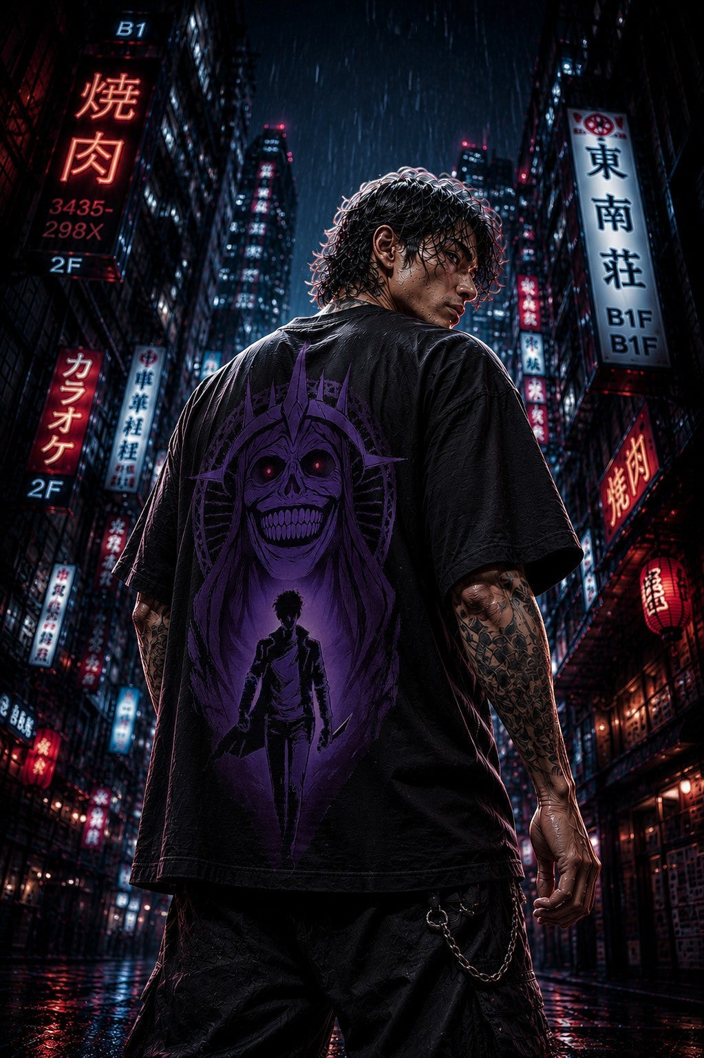 Drip&Verse black oversized 100% cotton tee with a purple graphic print of a skull and a figure. Model is 5'11" wearing size M.