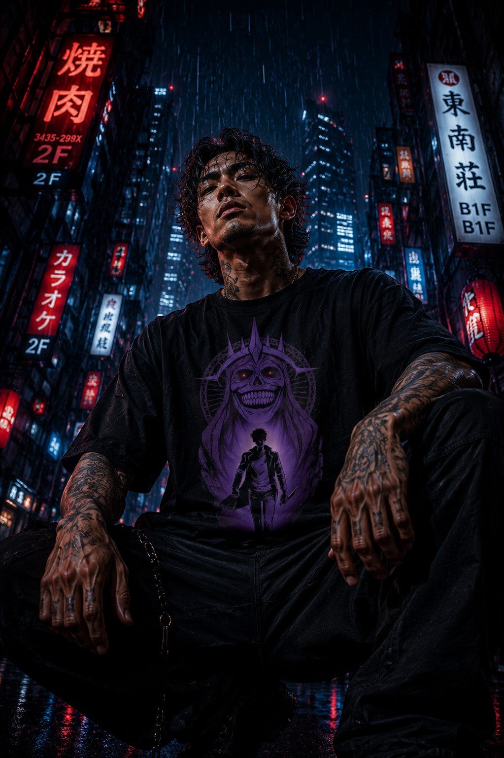 Drip&Verse black oversized 100% cotton tee with a purple graphic print of a skull-like figure and a man. Model is 5'11" wearing size M.