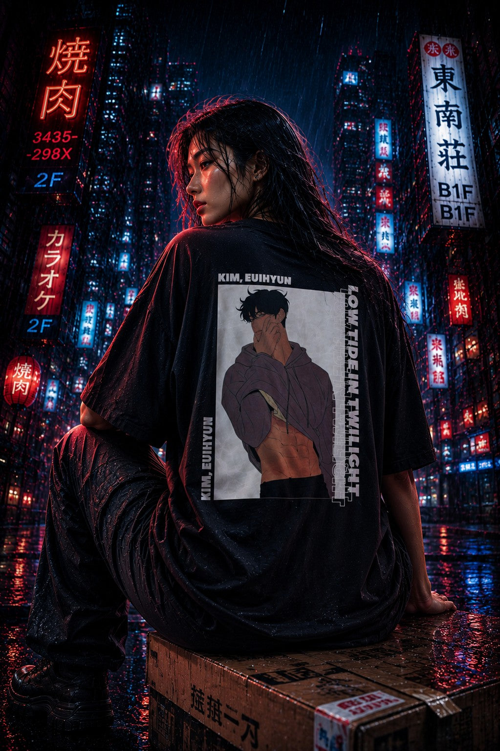 Drip&Verse black oversized cotton t-shirt with graphic print of a man with abs, set against a rainy neon city backdrop.