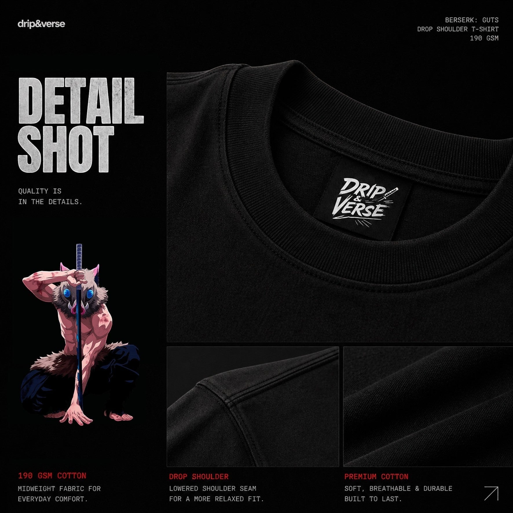 Drip&Verse black 100% cotton oversized drop shoulder t-shirt with anime-inspired boar-masked warrior graphic.