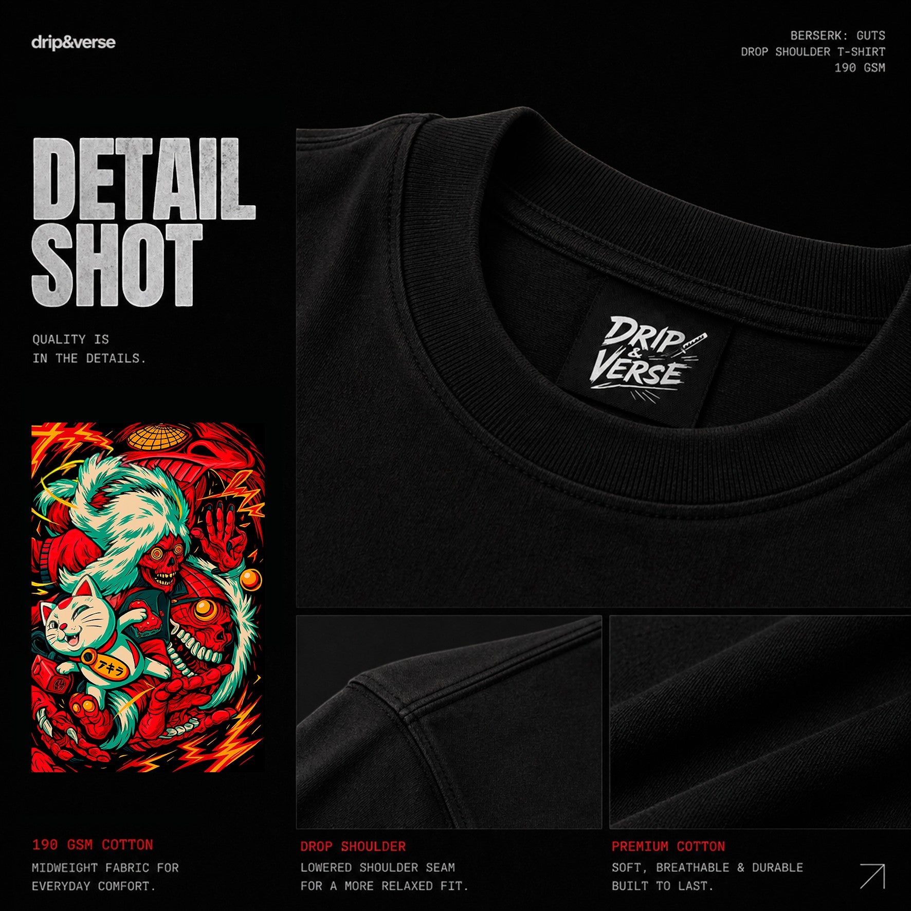 Drip&Verse black 100% cotton oversized t-shirt with a graphic print of a lucky cat and oni battle on the back and a middle finger cat on the front.