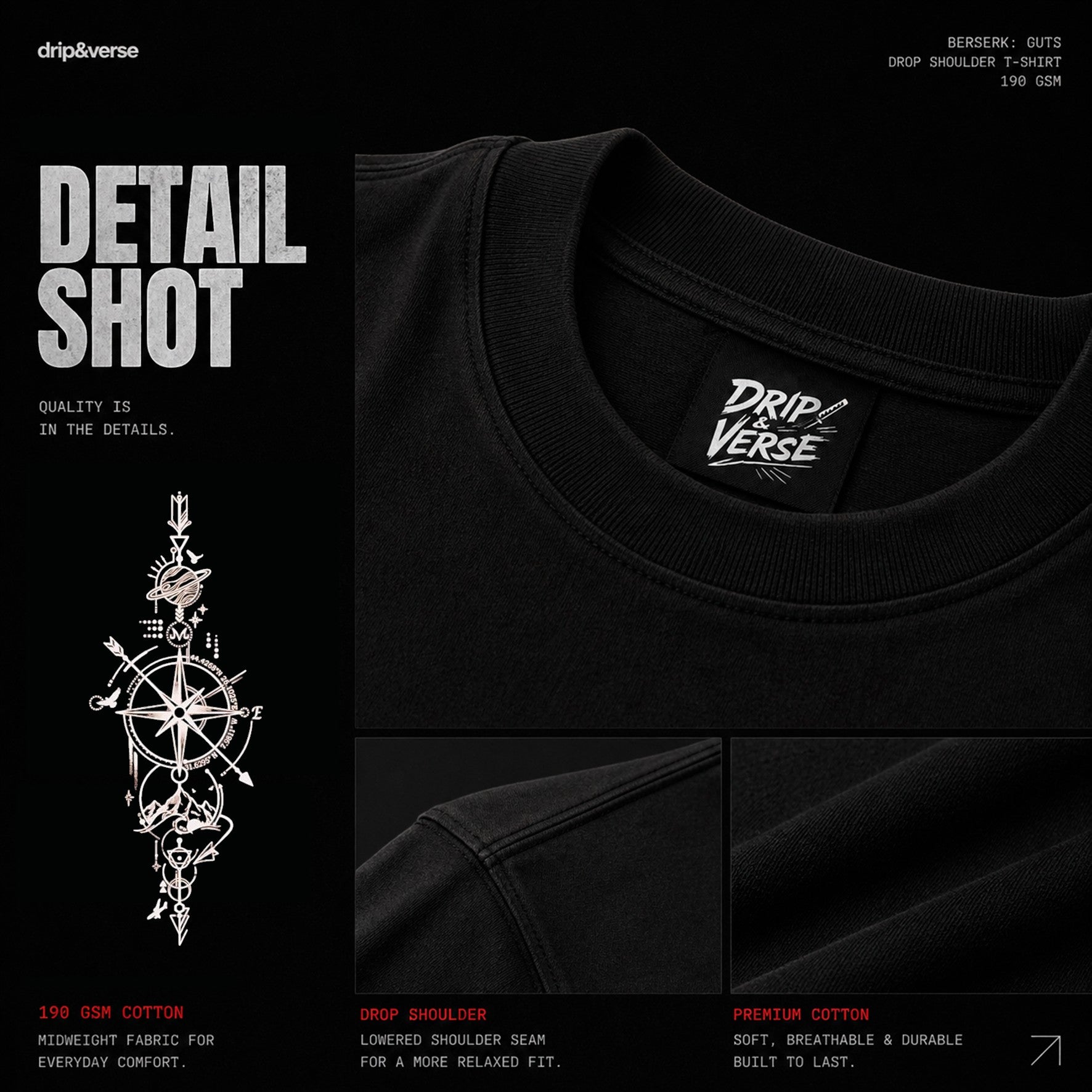 Drip&Verse black 100% cotton oversized Navigator tee with celestial chart graphic on back and Drip&Verse logo on front.
