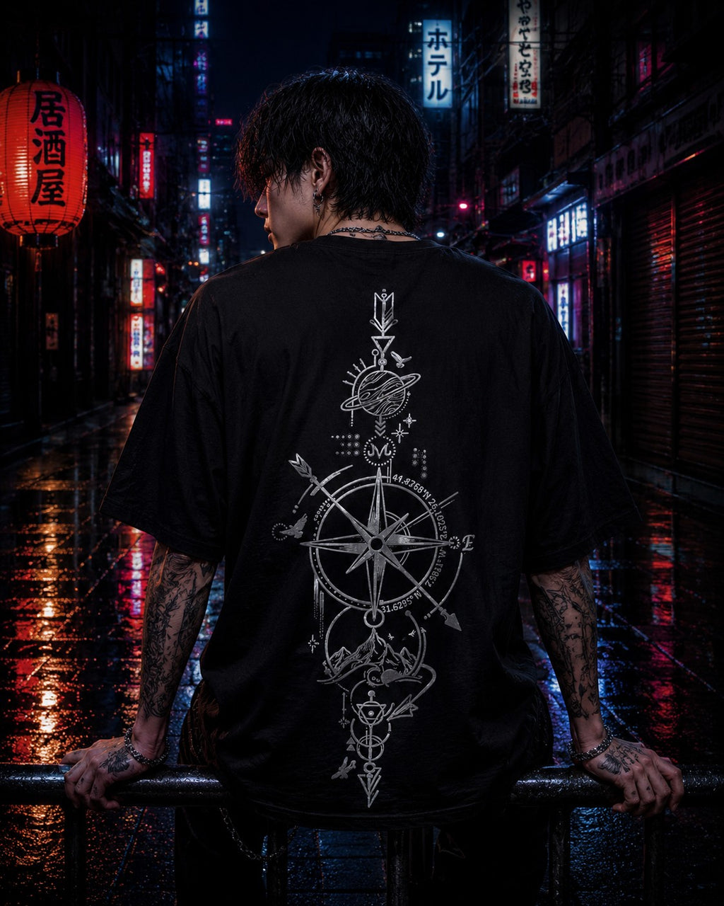 Drip&Verse black oversized 100% cotton tee with a detailed celestial chart and compass graphic in cream on the back.