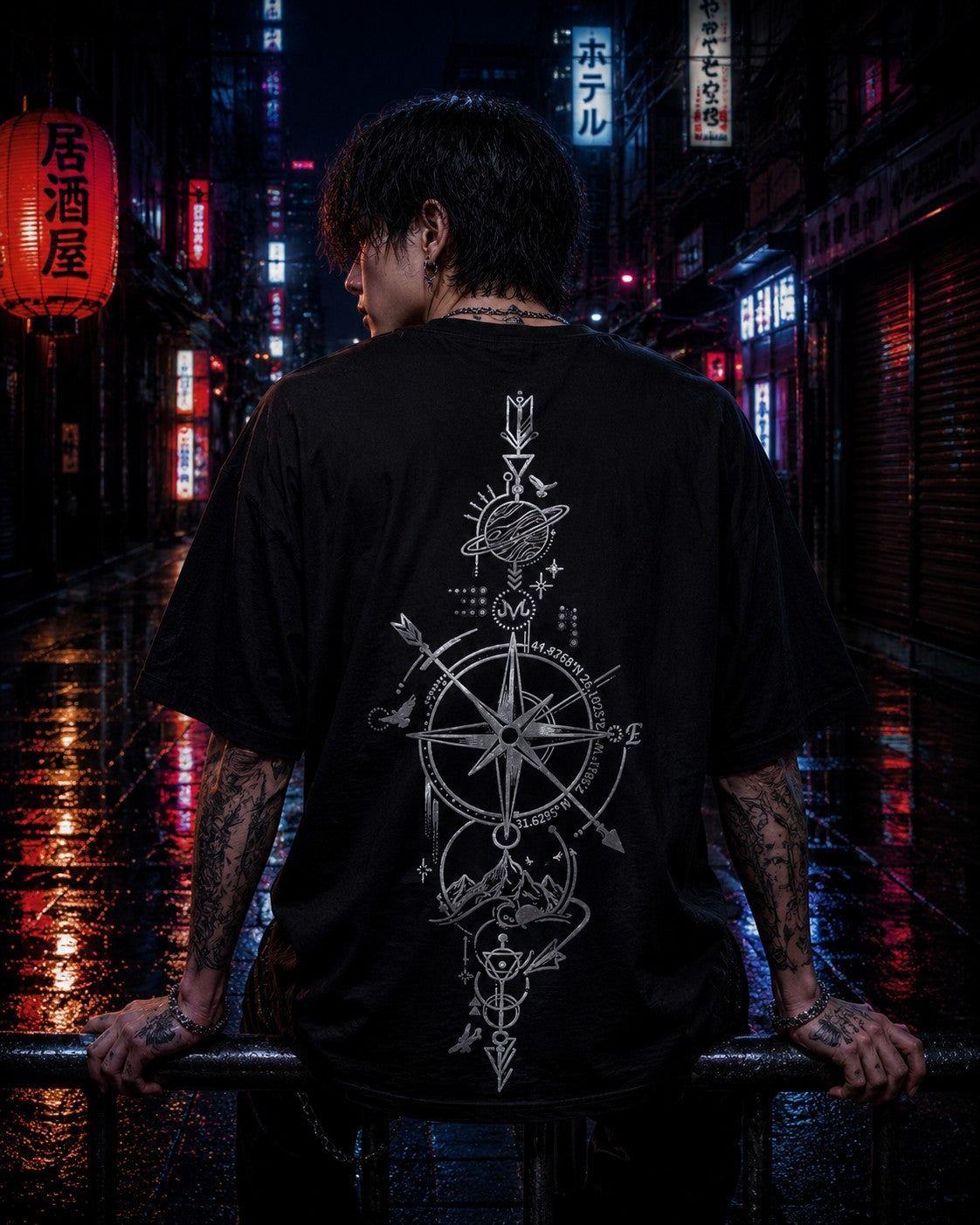 Drip&Verse black oversized 100% cotton tee with a detailed celestial chart and compass graphic in cream on the back.