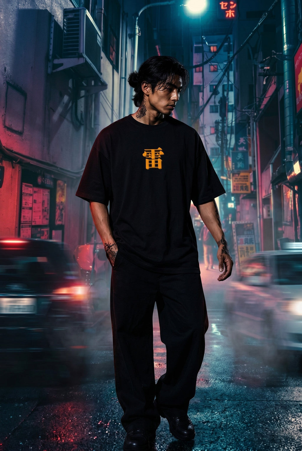 Drip&Verse black 100% cotton oversized drop shoulder t-shirt with gold Japanese character print on chest.