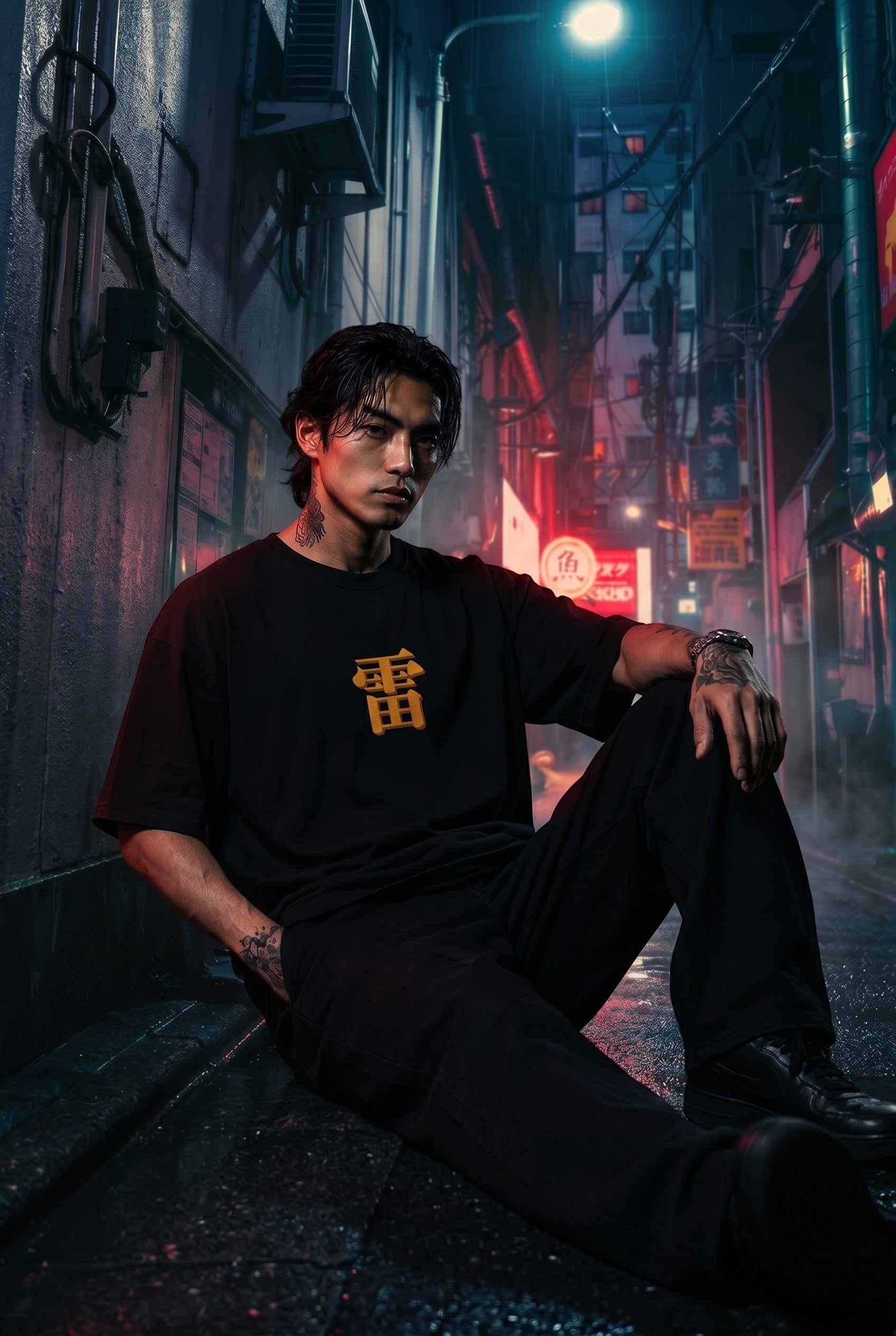 Drip&Verse black 100% cotton oversized tee with drop shoulders and gold Japanese character 'Thunder' on the chest.