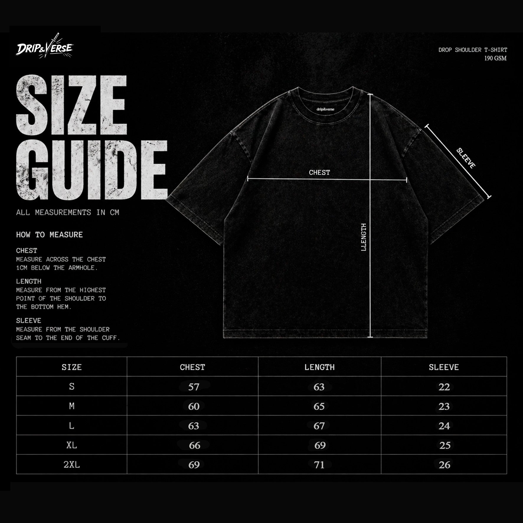 Drip&Verse black washed cotton oversized drop shoulder t-shirt size guide with measurements.