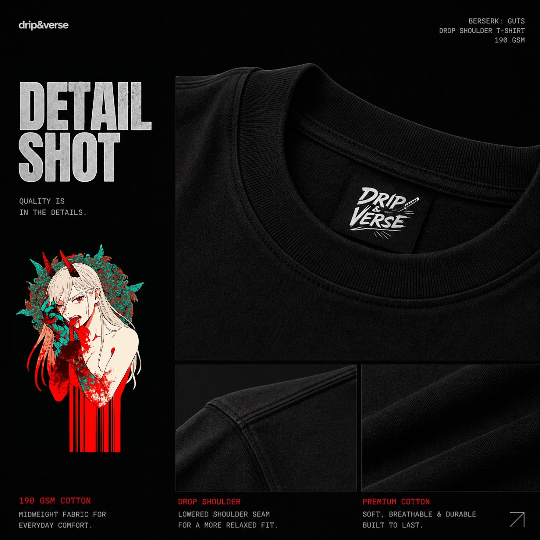 Drip&Verse black oversized cotton t-shirt with a Blood Oni horror art print featuring a female demon with red horns and teal claws.