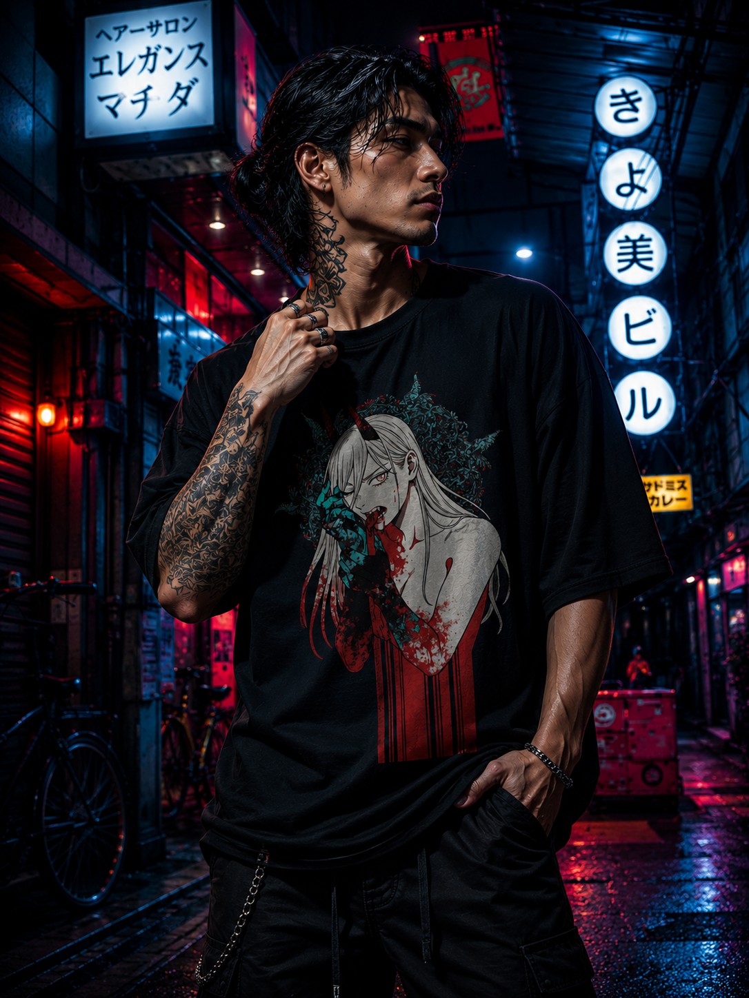 Drip&Verse black oversized 100% cotton t-shirt with a horror beauty art print of a female oni with red horns and teal claws.