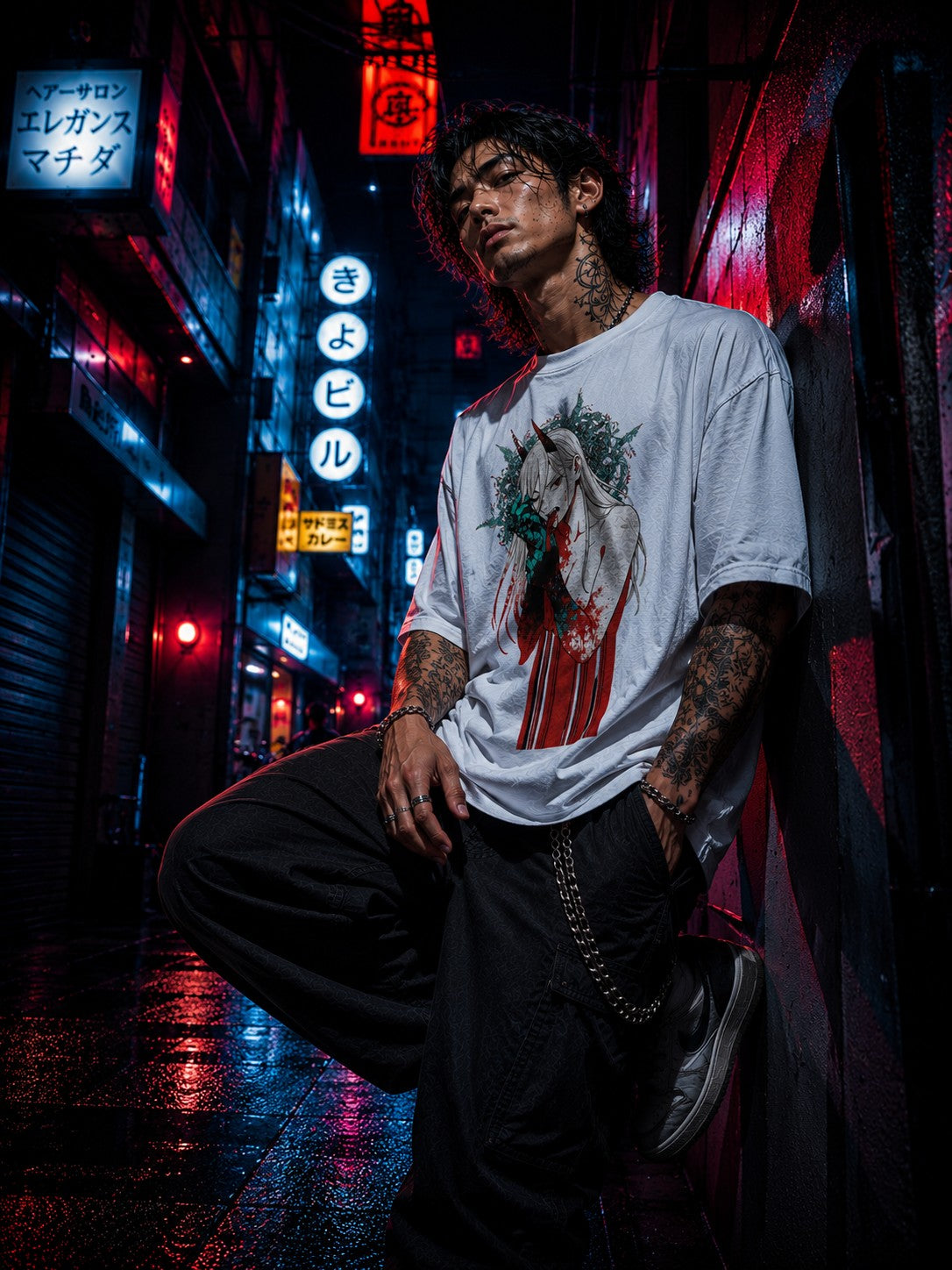 Drip&Verse white oversized 100% cotton t-shirt with a graphic of a female oni with red horns and teal claws, blood red accents, and a barcode element.
