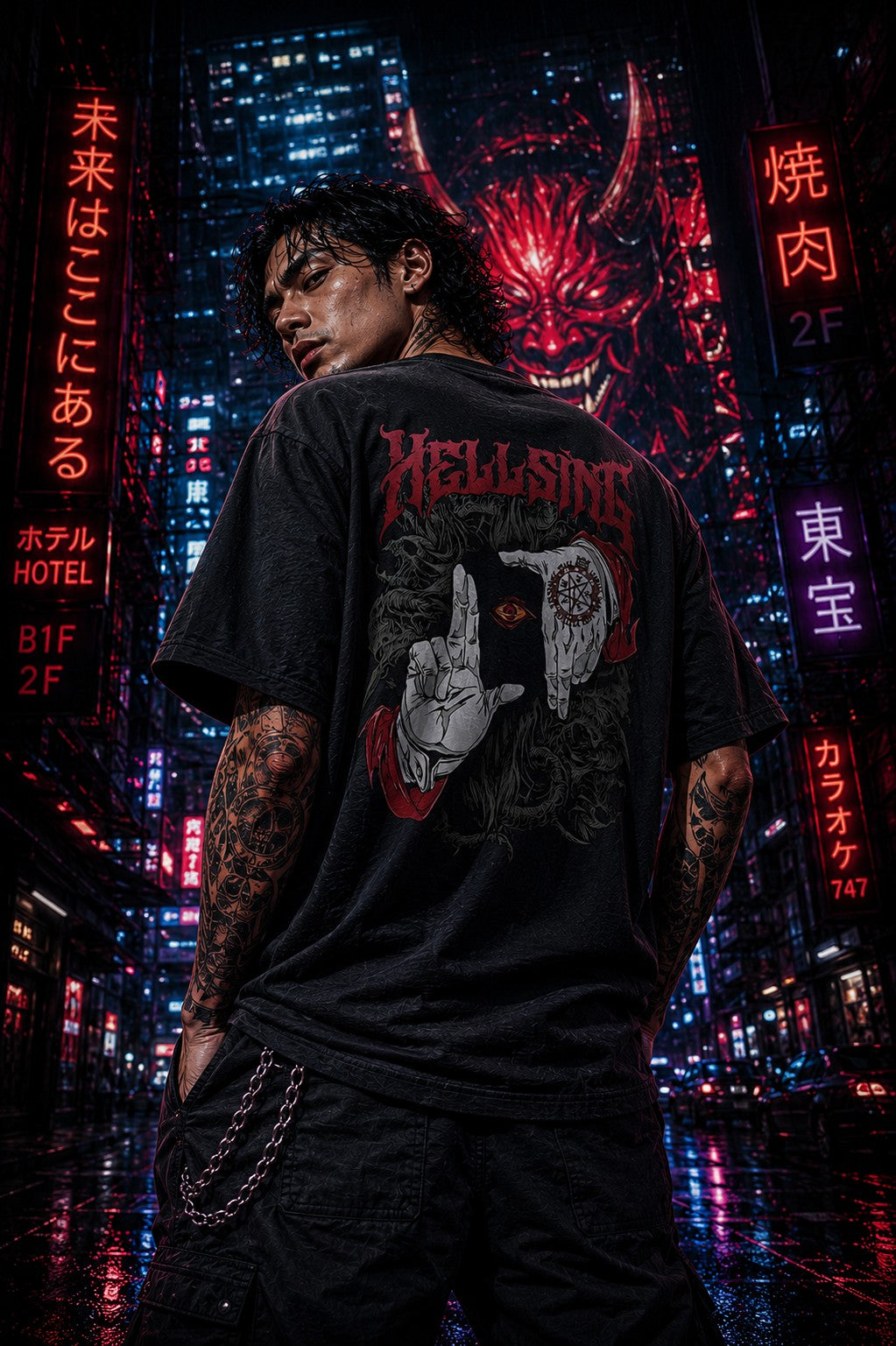 Drip&Verse black oversized cotton tee with gothic anime art on back, featuring a ritual seal and skeletal hands. Model wears size M.
