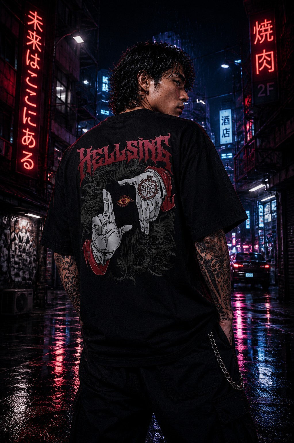 Drip&Verse black oversized 100% cotton tee with gothic anime art on the back, featuring skeletal hands and a golden eye.