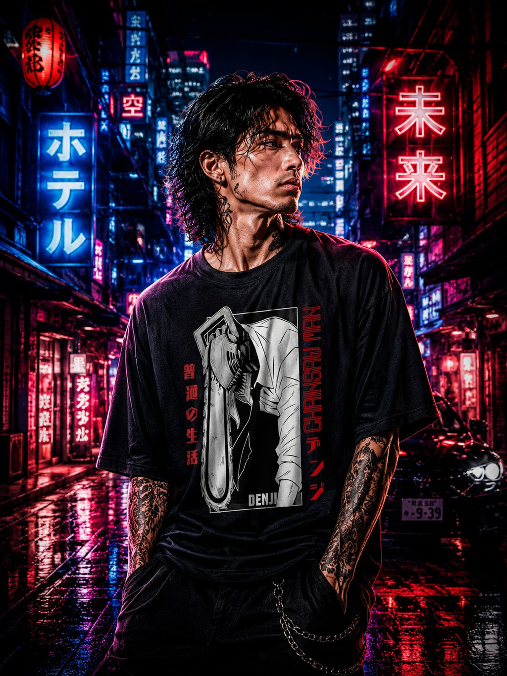 Drip&Verse black oversized 100% cotton tee featuring Chainsaw Man manga art with red Japanese text. Model is 5'11" wearing size M.