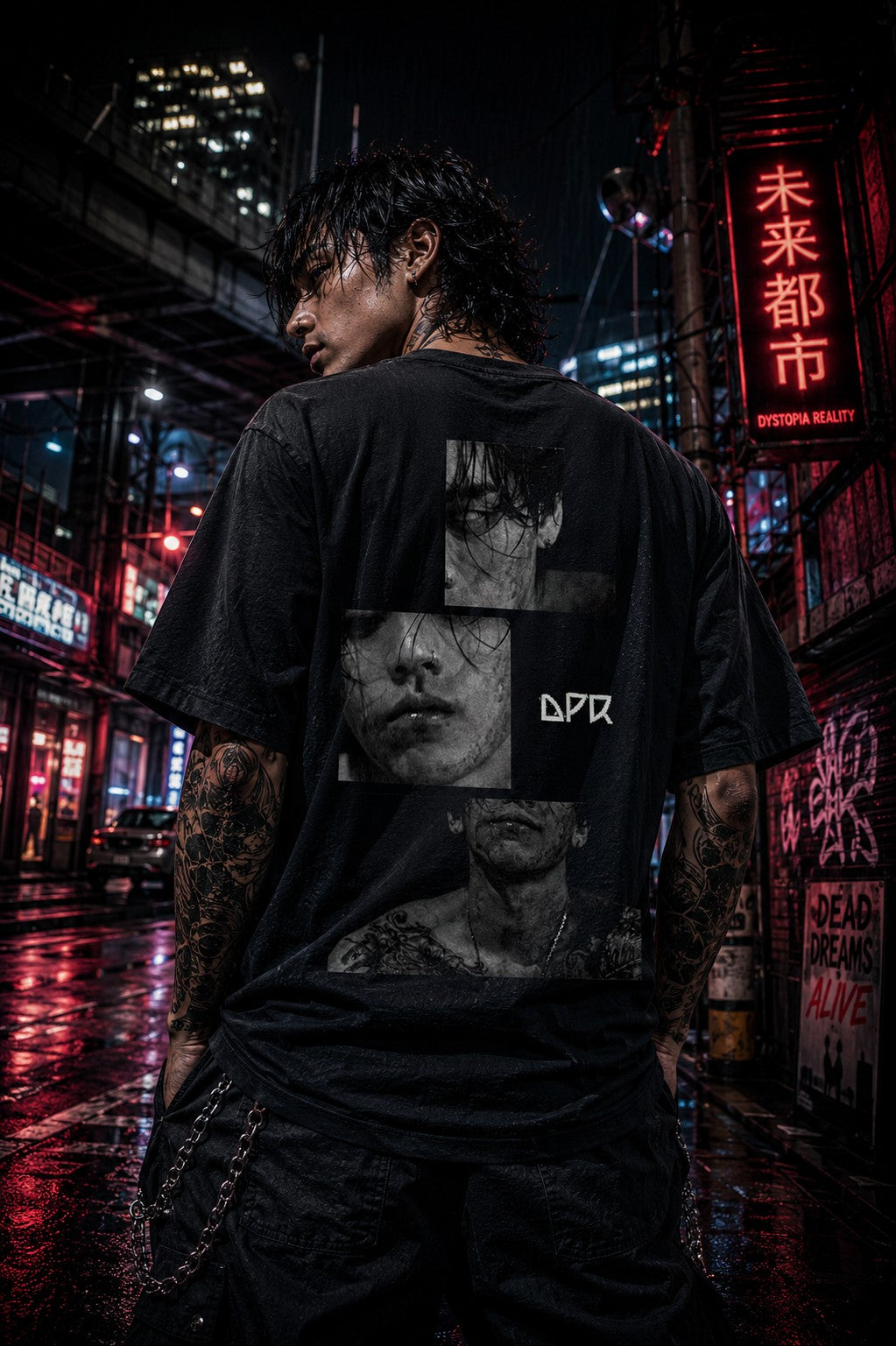 Drip&Verse black oversized 100% cotton t-shirt with fragmented black and white portraits on the back and a cracked graphic on the front.