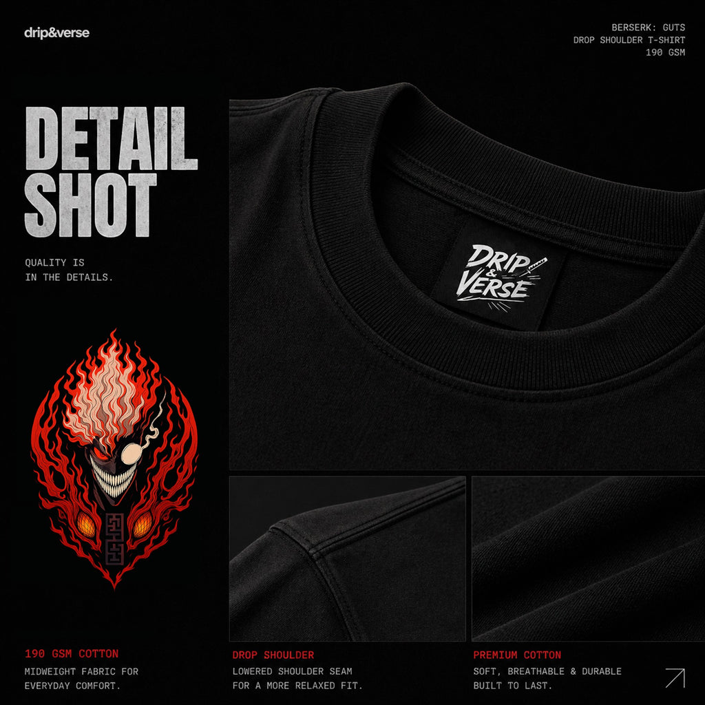 Drip&Verse black 100% cotton oversized t-shirt with a graphic print of a demon face with fiery hair on the back. Crew neck, drop shoulder.
