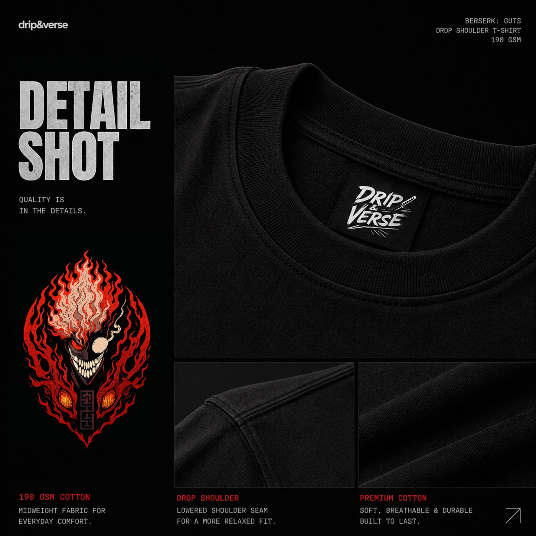 Drip&Verse black 100% cotton oversized t-shirt with a graphic print of a demon face with fiery hair on the back. Crew neck, drop shoulder.