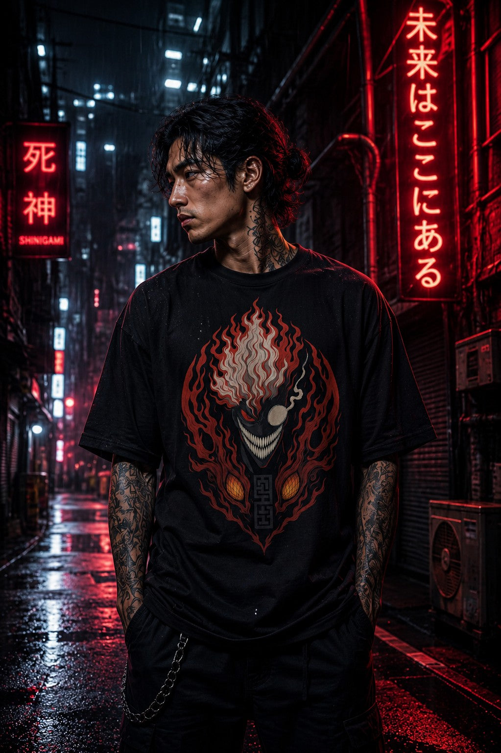 Drip&Verse black oversized 100% cotton t-shirt with a red and orange demon art print on the front. Model is 5'11" wearing size M.