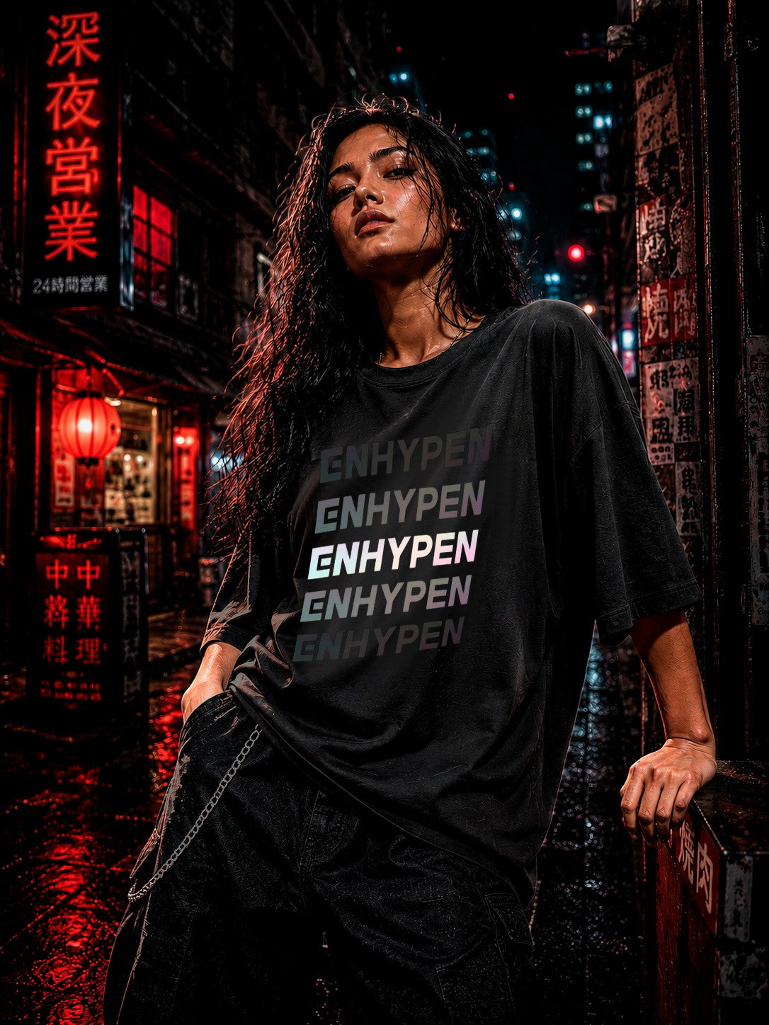 Drip&Verse black oversized 100% cotton tee with holographic gradient stacked typography. Model wears size M.
