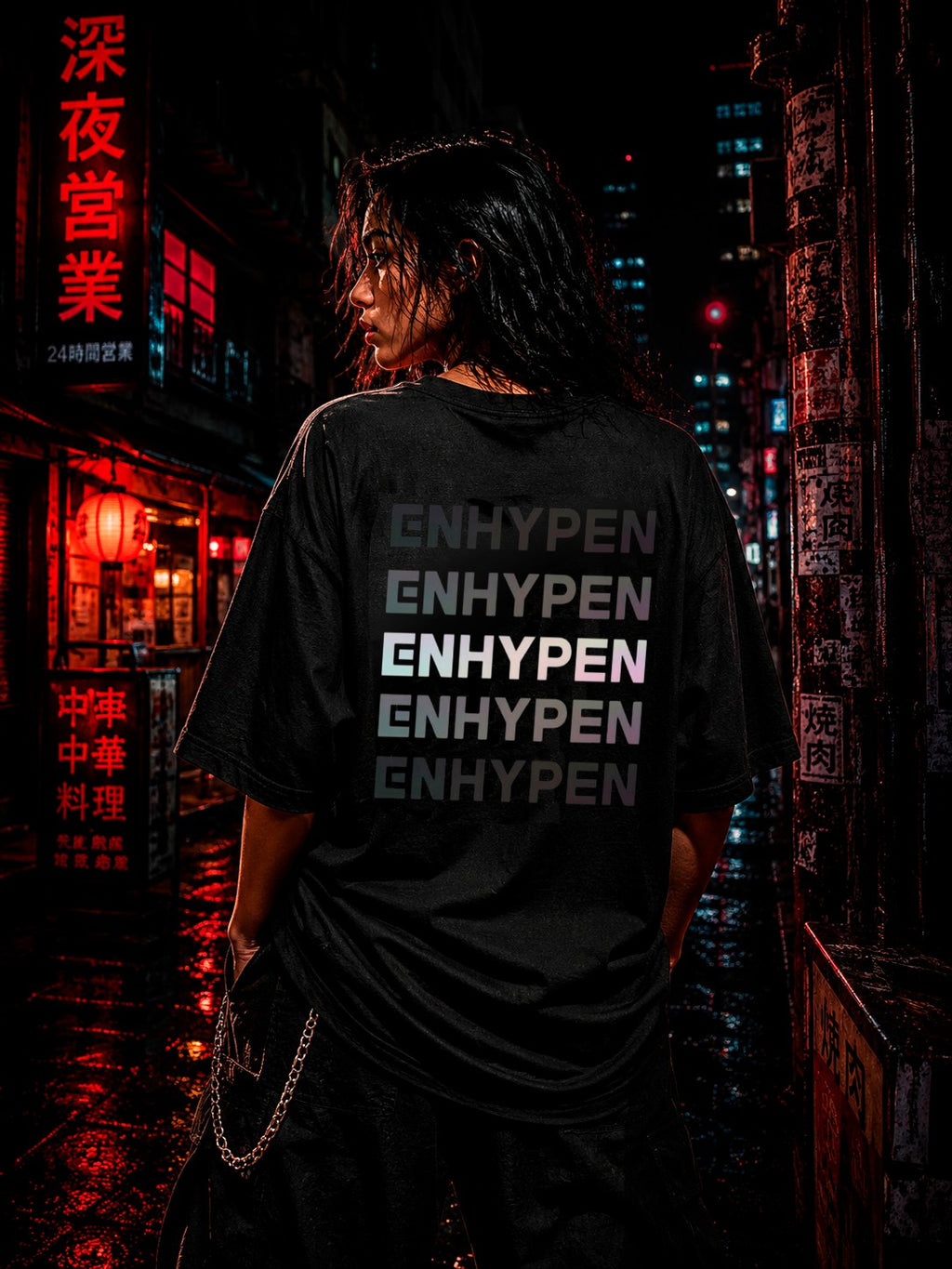 Drip&Verse black oversized 100% cotton tee with stacked holographic gradient typography.
