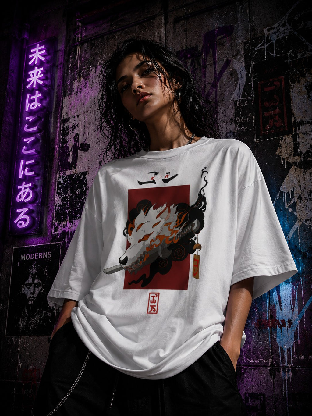 Drip&Verse white 100% cotton oversized t-shirt with Japanese demon fox art print and katana.
