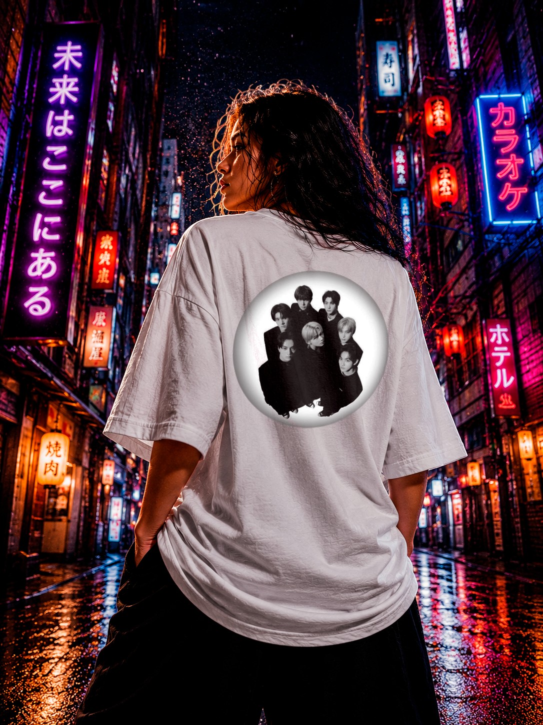 Drip&Verse white oversized cotton t-shirt with a black and white K-Pop group portrait in a circular graphic on the back.