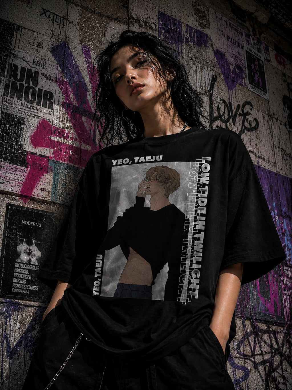 Drip&Verse black oversized cotton tee with a graphic print of a man and vertical text reading "LOW TIDE IN TWILIGHT".