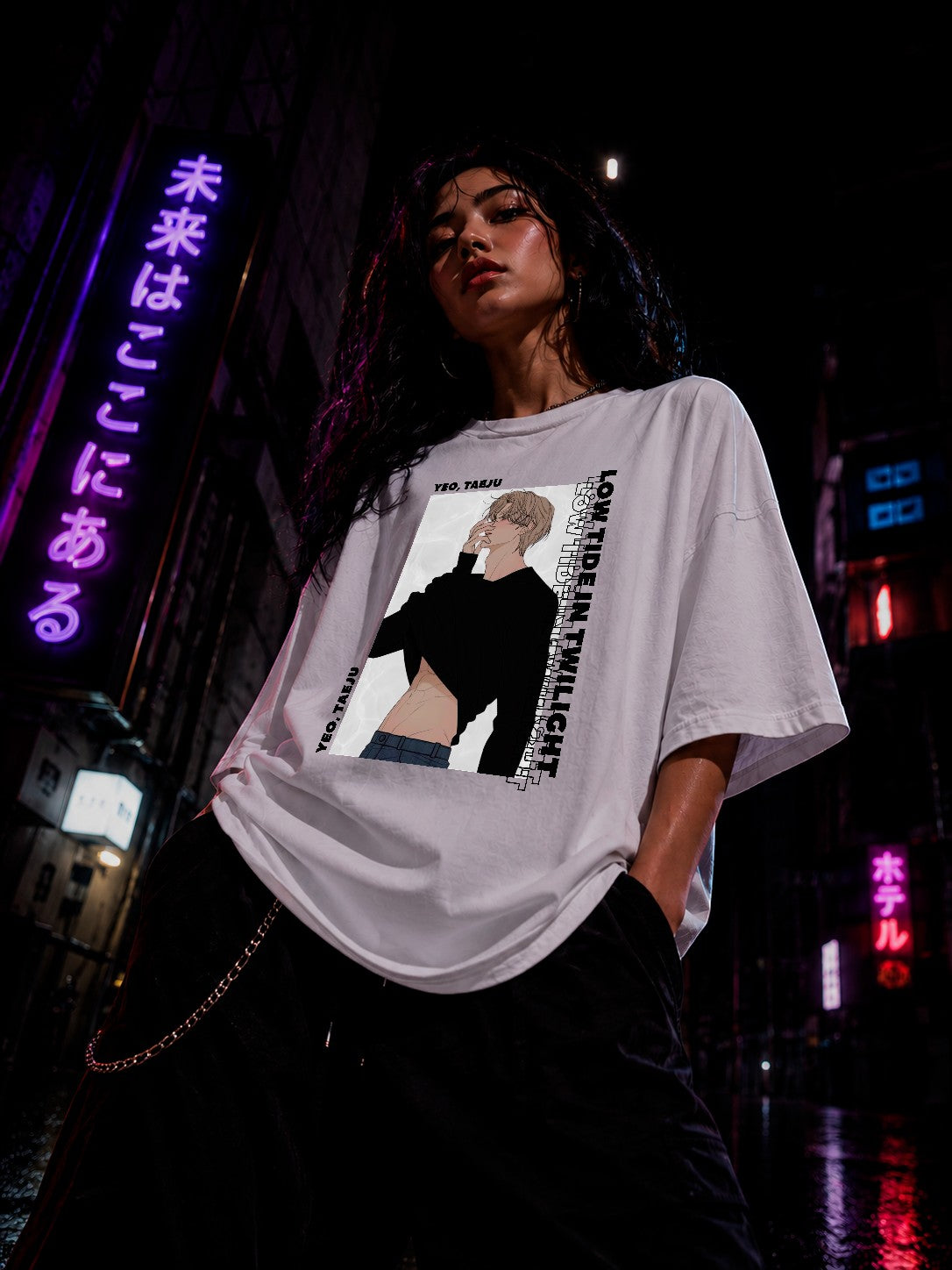 Drip&Verse white oversized cotton tee with BL manga art print of a man in a black turtleneck. Loose fit, crew neck.