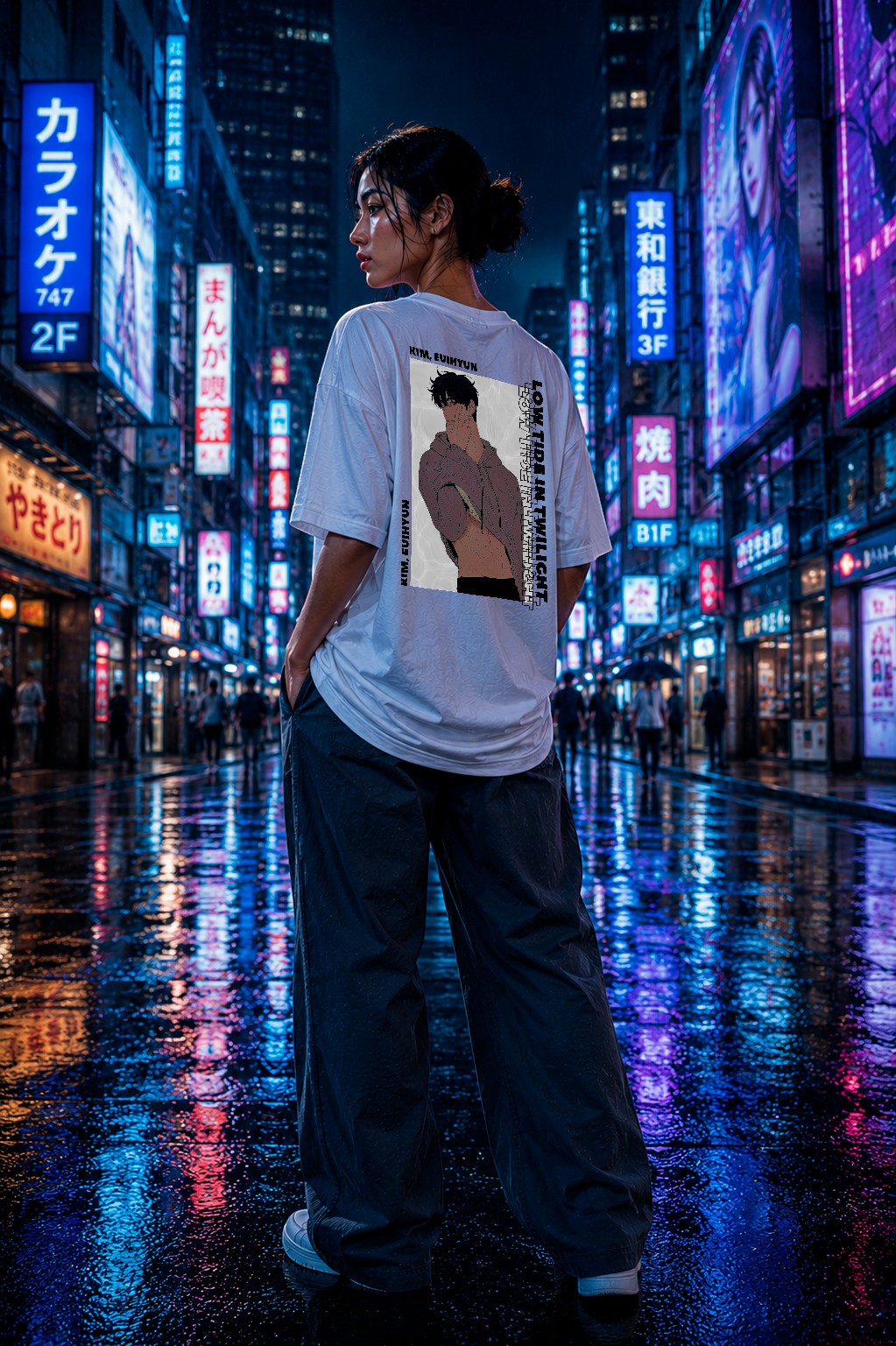 Drip&Verse white oversized cotton tee with a graphic print of a man in a turtleneck and vertical text that reads "LOW TIDE IN TWILIGHT".