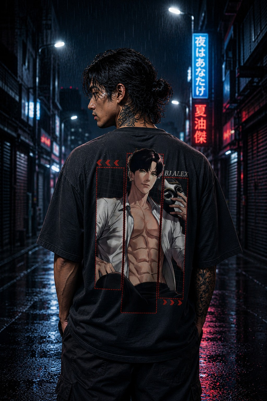 Drip&Verse black 100% cotton oversized t-shirt with a graphic print of BJ Alex from Manhwa Series. Crew neck, drop shoulder.