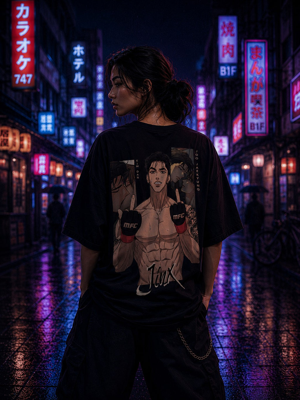 Drip&Verse black oversized 100% cotton tee with graphic print of an MMA fighter and "Jinx" text. Model is 5'11" wearing size M.