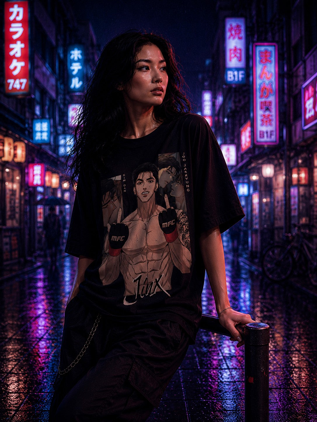 Drip&Verse black oversized 100% cotton tee with MMA fighter graphic and "Jinx" script. Model wears size M.