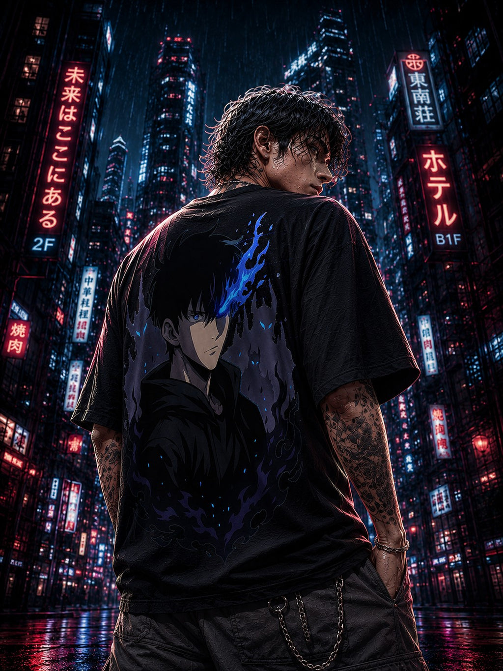 Drip&Verse black oversized 100% cotton tee with anime character portrait and blue flame eye graphic.