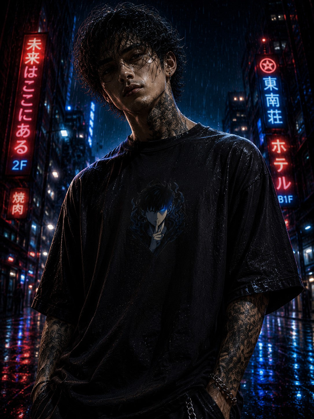 Drip&Verse black 100% cotton oversized tee with blue flame eye portrait graphic on front. Model in rainy city.