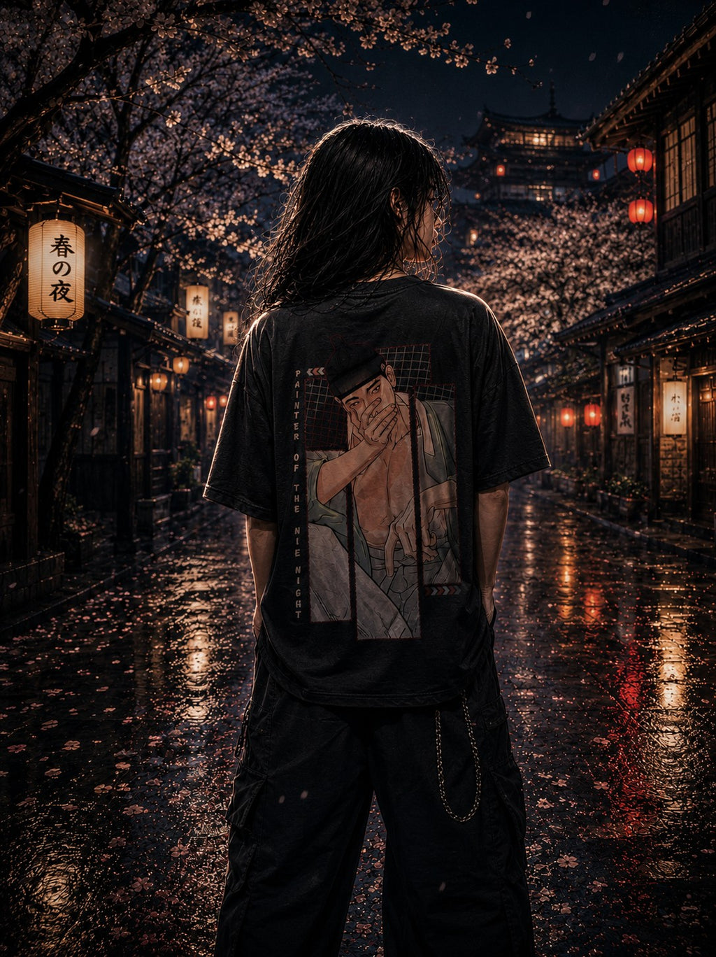 Drip&Verse oversized black cotton tee with a graphic print of a man covering his mouth, set against a Japanese street at night.