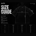 Drip&Verse washed black oversized drop shoulder t-shirt size guide with measurements for chest, length, and sleeve.