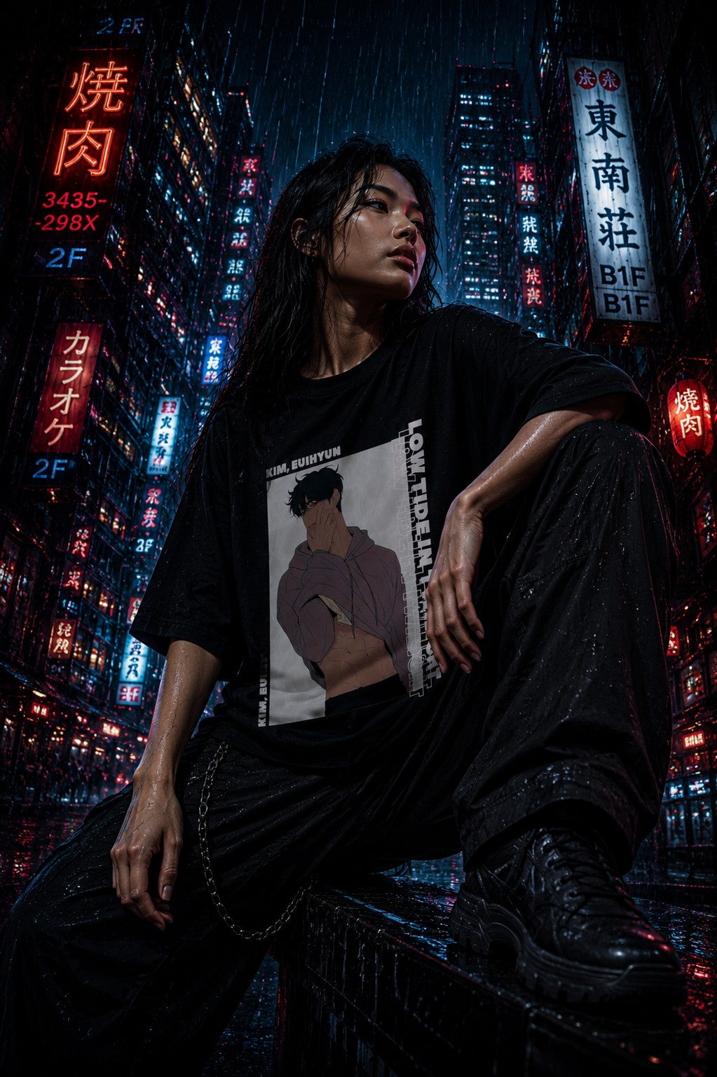 Drip&Verse oversized black cotton tee with a graphic print of a man in a purple hoodie. Model wears it in a rainy, neon-lit city.