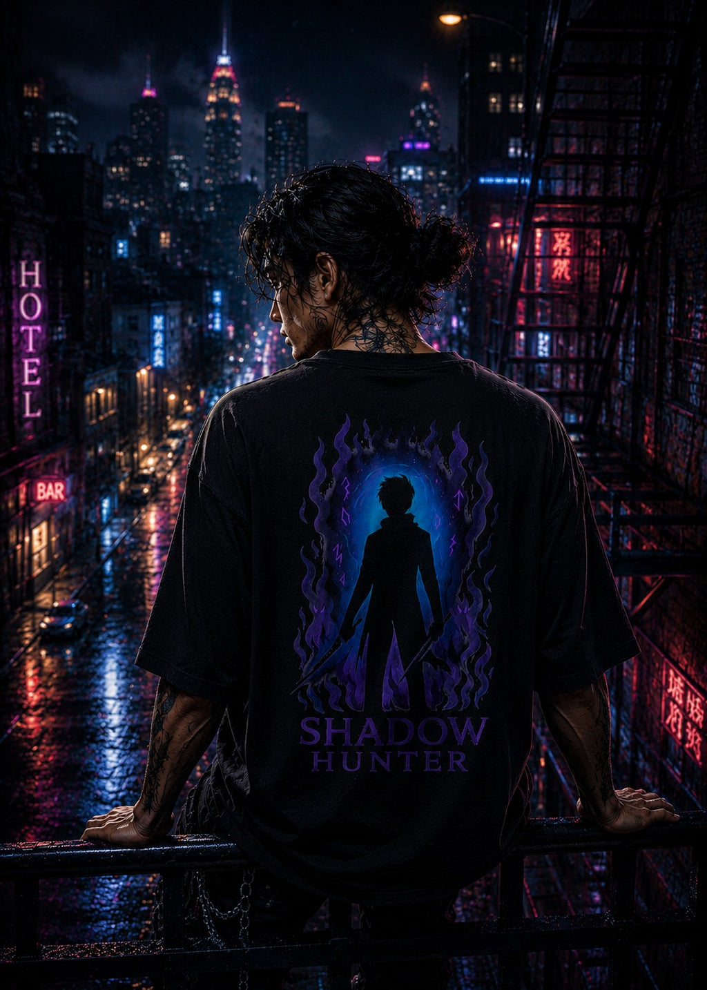 Drip&Verse black 100% cotton oversized tee with Shadow Hunter anime art print on back. Model wears size M.